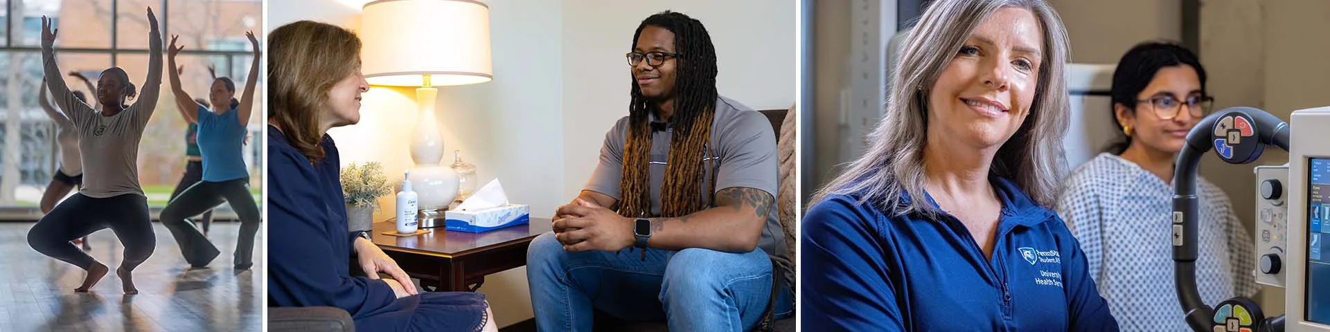 images of students in fitness class, a meeting of student and staff member, and medical staff with patient