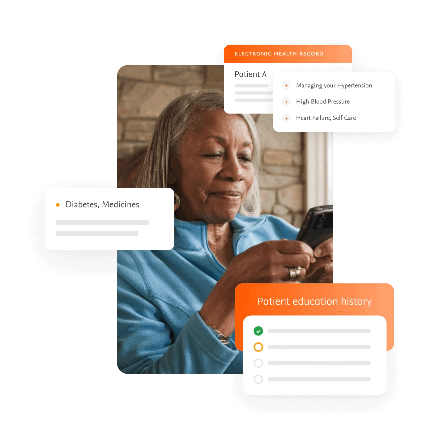 Elder woman checking phone patient history Header