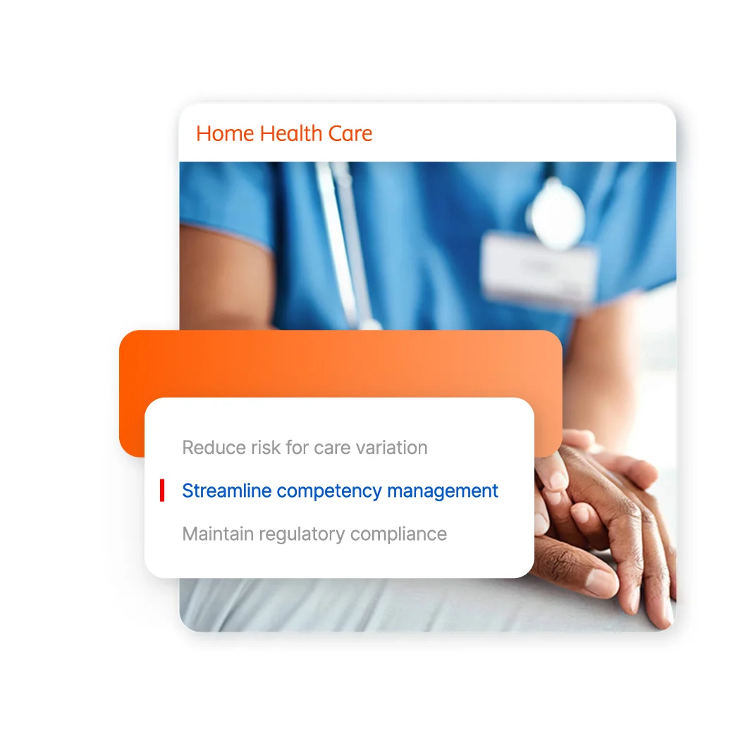 nurse holding patient's hands with highlighted text describing home health care product