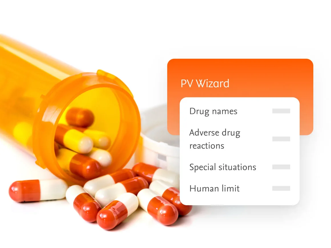 Pills spilling out of bottle with overlay of Embase PV Wizard features