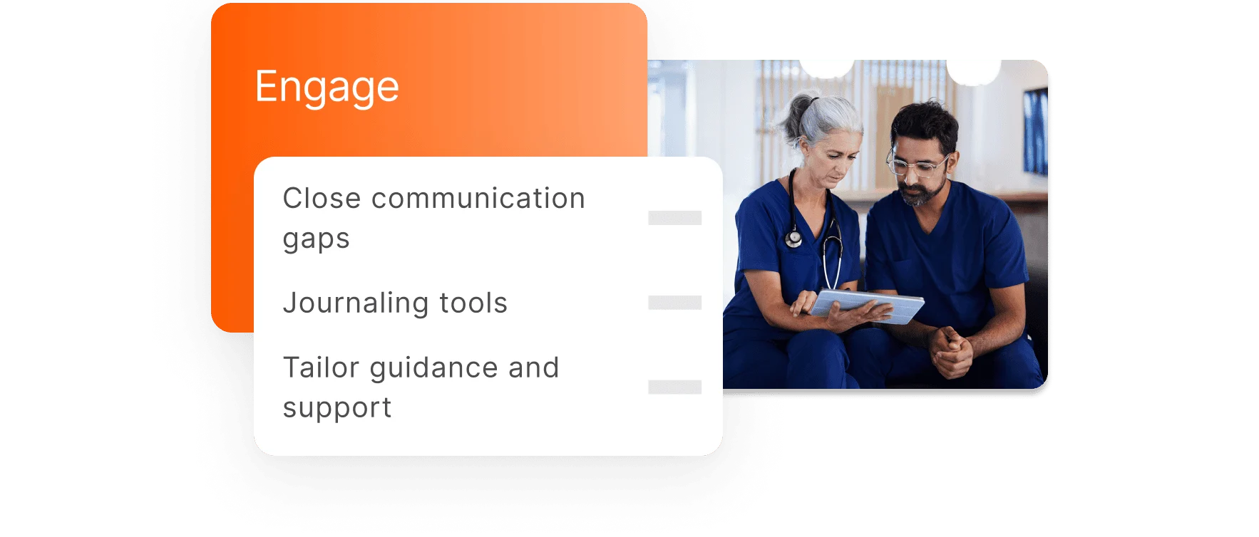 Two doctors working together, looking at digital tablet with UI overlay showing examples of engagement