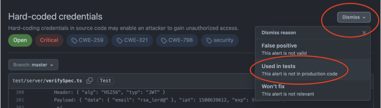 Image showing how a developer can mark a code scanning result as closed.