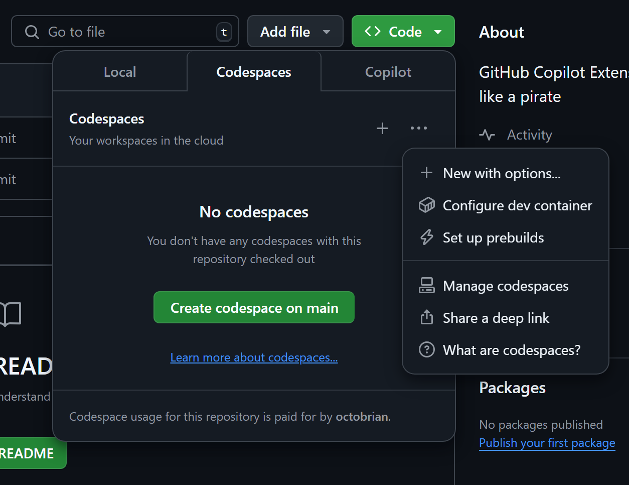 New Codespace dropdown