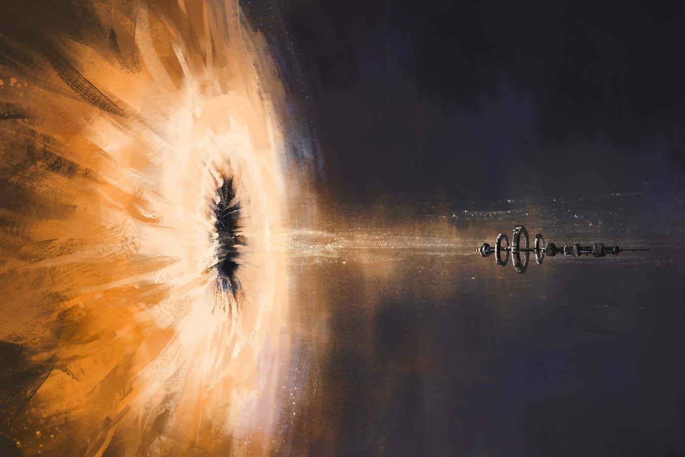 The scene of a black hole devouring a spaceship, digital painting, 3D illustration.