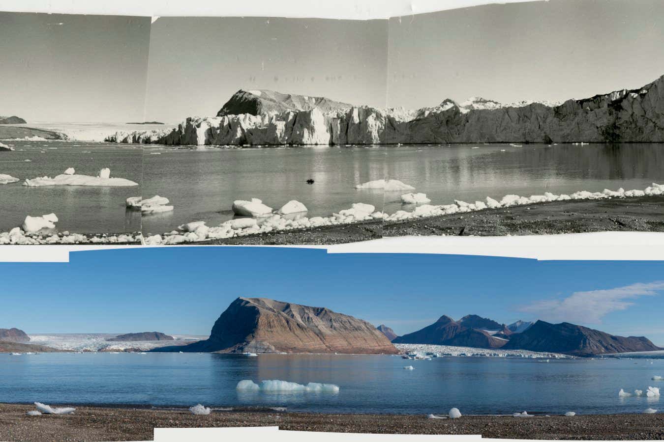 Images contain stitched photos to create a panorama. Top: Historical panorama image from the Norwegian Polar Institute from 1967 (reference n. NP051261), shows the glaciers Kongsbreen and Kronobreen merging and surrounding Colleth??gda Island, outside Ny ??lesund, Svalbard. Bottom: Panorama image taken from the same position by photographer Christian Aslund on the 24th August 2024. Greenpeace has commissioned photographer Christian Aslund to continue a project he began in 2002 - to carry out visual research of glaciers in Svalbard and document their retreat over time. While sailing aboard the Greenpeace vessel ???Witness???, Aslund revisited glaciers he first documented in 2002 as well as photographing others, new to this project. The Arctic has been warming more than twice as fast as the rest of the world, due to 