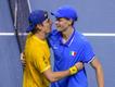 Alex de Minaur embraces Jannik Sinner after his Davis Cup semi-final defeat to the world No.1. (AP PHOTO)