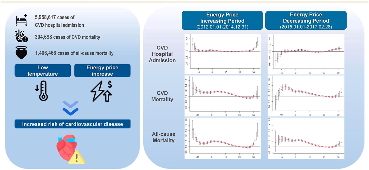 온도(x축)에 따른 건강 결과 발생 (심혈관질환 입원, 사망, 전체 사망) 상대위험도. (좌) 천연가스 가격 증가 구간에서의 심혈관질환 상대위험도. (우) 천연가스 가격 감소 구간에서의 심혈관질환 상대 위험도. [논문 발췌]