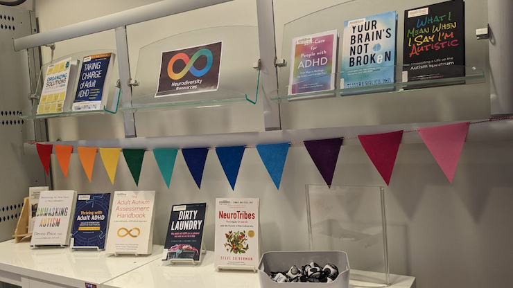 Various titles on neurodiversity displayed on two shelves