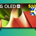 LG 55" Class B4 Series OLED 4K UHD Smart webOS TV on a teal and green gradient background with a $100 Best Buy gift card..