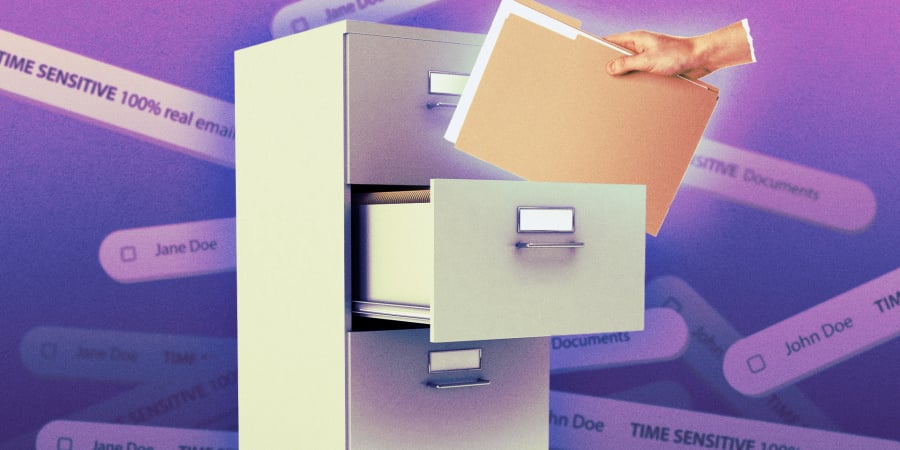 Photo composite of a hand placing a file into a filing cabinet.