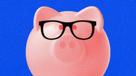 A detail of the Nerdwallet Smart Money podcast logo featuring a piggybank wearing black plastic framed glasses