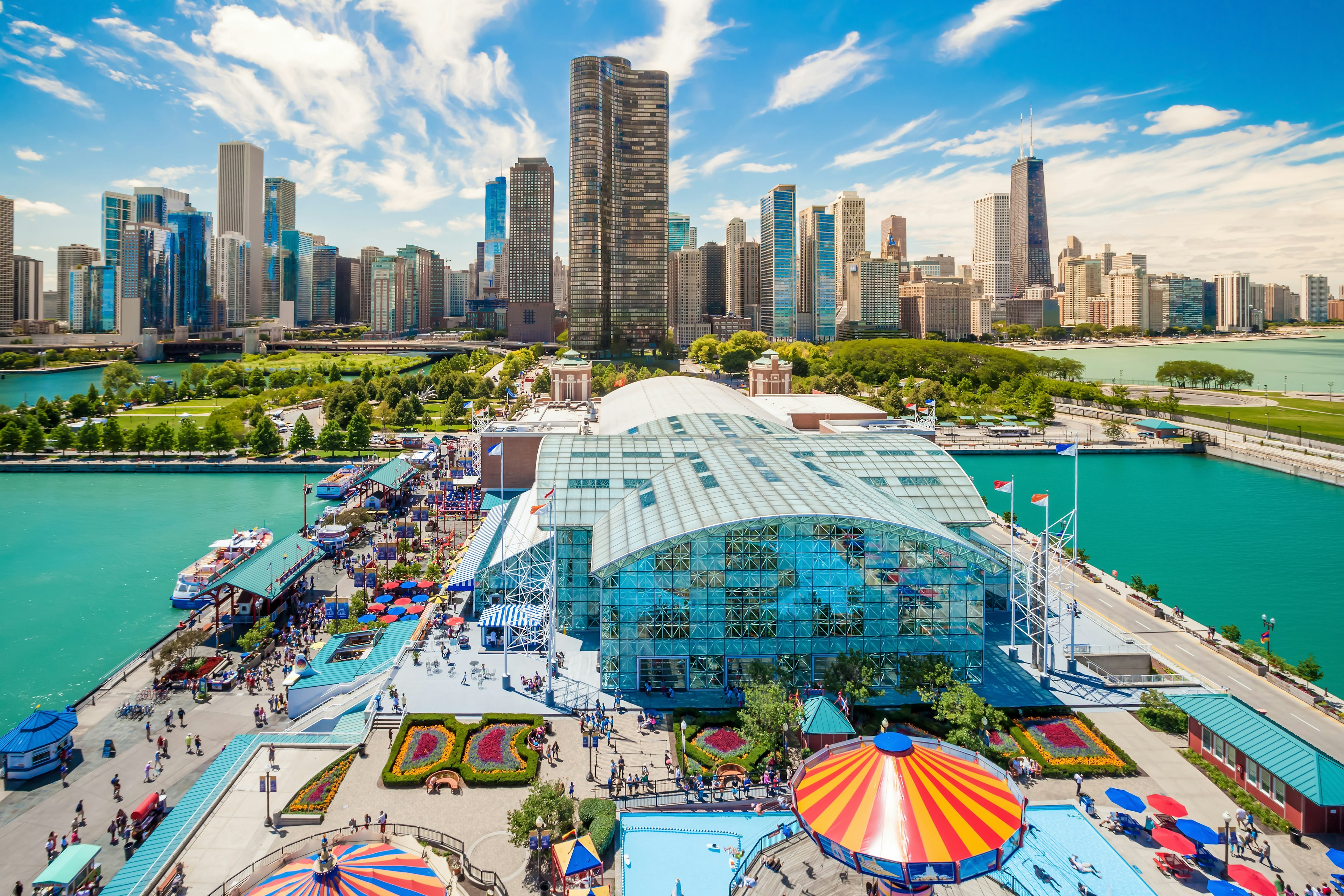 View from the Navy Pier ferris wheel towards central Chicago in the sunshine.