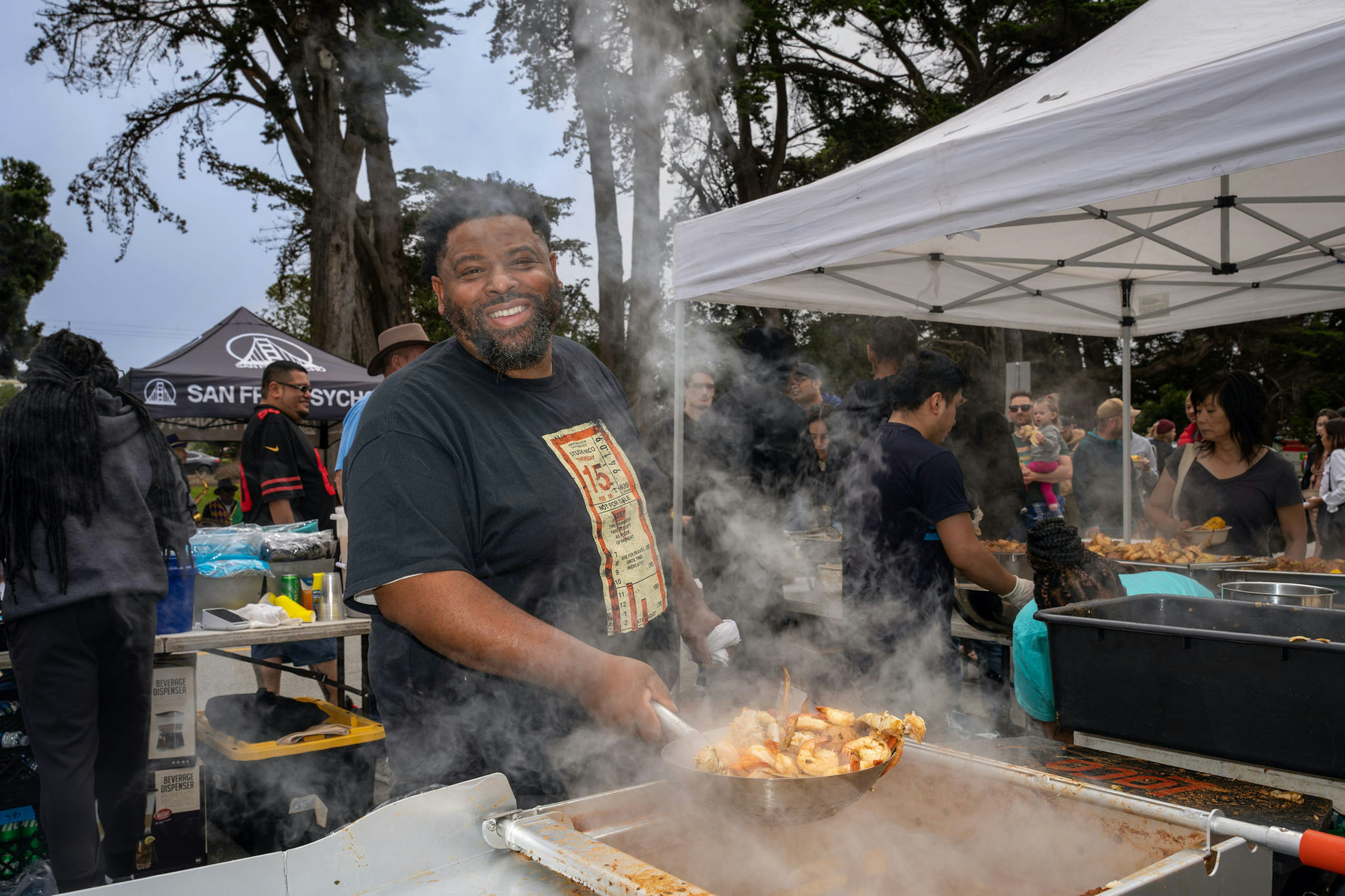 Chef Dontaye Ball cooking at a Gumbo Social pop up in San Francisco