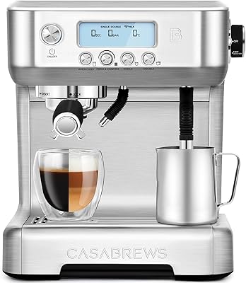 CASABREWS Espresso Machine with Automatic Milk Frother, 20 Bar Espresso Maker with Dual Boiler and LCD Display, Barista Cappuccino Latte Maker with Separate Hot Water System for Americano, Silver