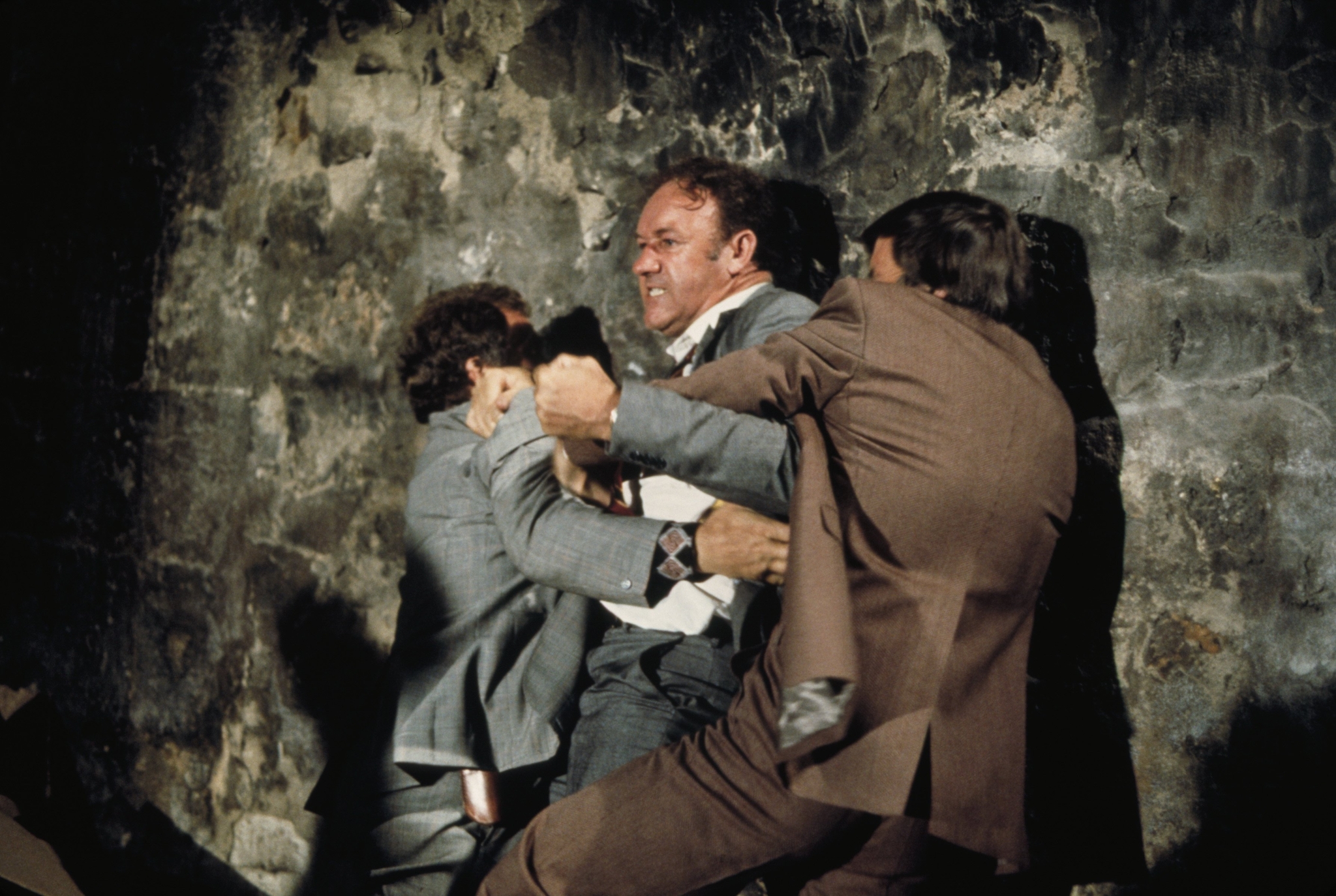 Gene Hackman, Jean-Pierre Castaldi, and Bernard Fresson in French Connection II (1975)