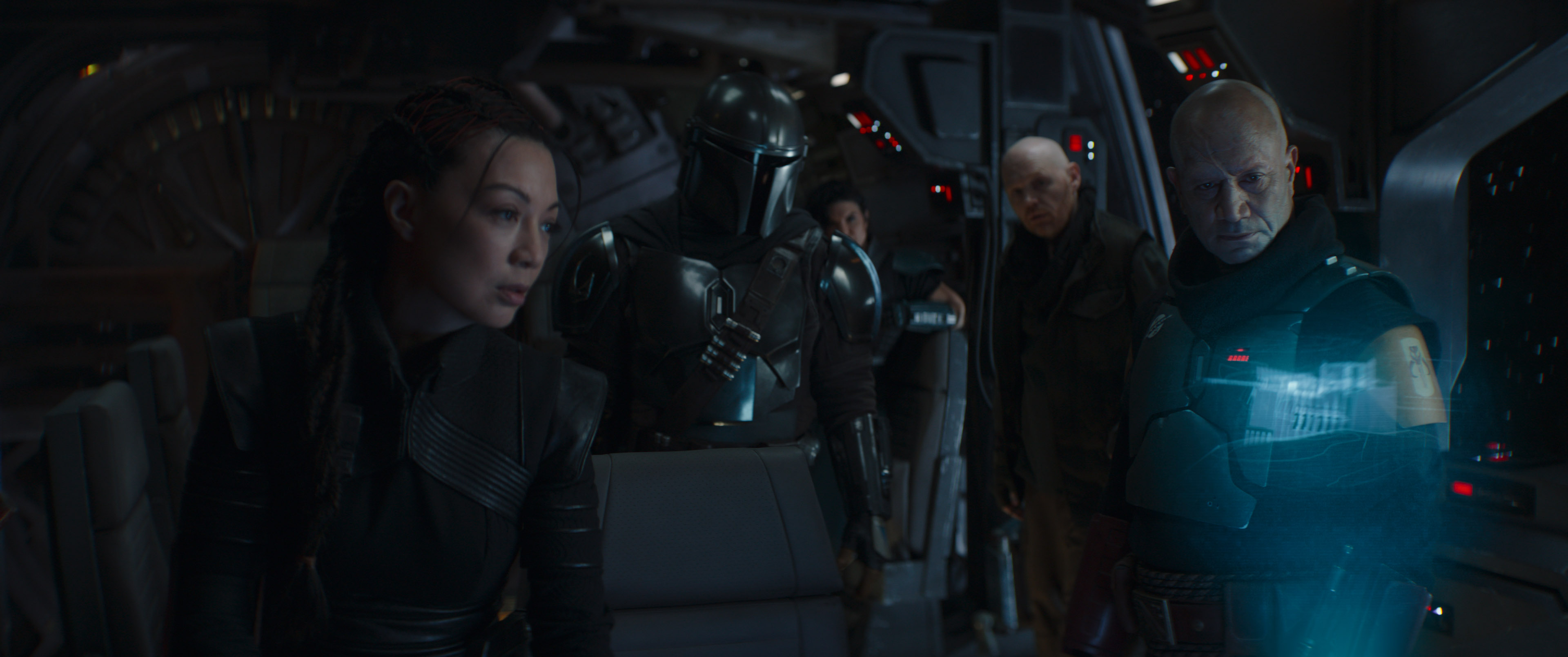 Ming-Na Wen, Pedro Pascal, Bill Burr, Temuera Morrison, Gina Carano, and Jan Delay in The Mandalorian (2019)