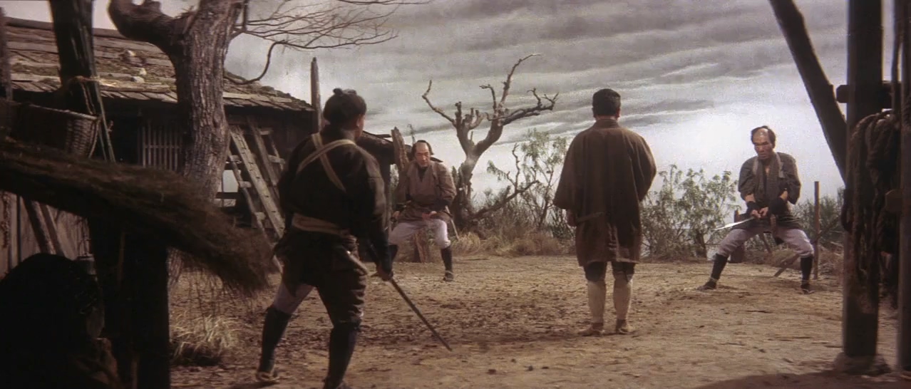 Shintarô Katsu, Sônosuke Sawamura, Shôsaku Sugiyama, and Yoshio Yoshida in Zatoichi on the Road (1963)