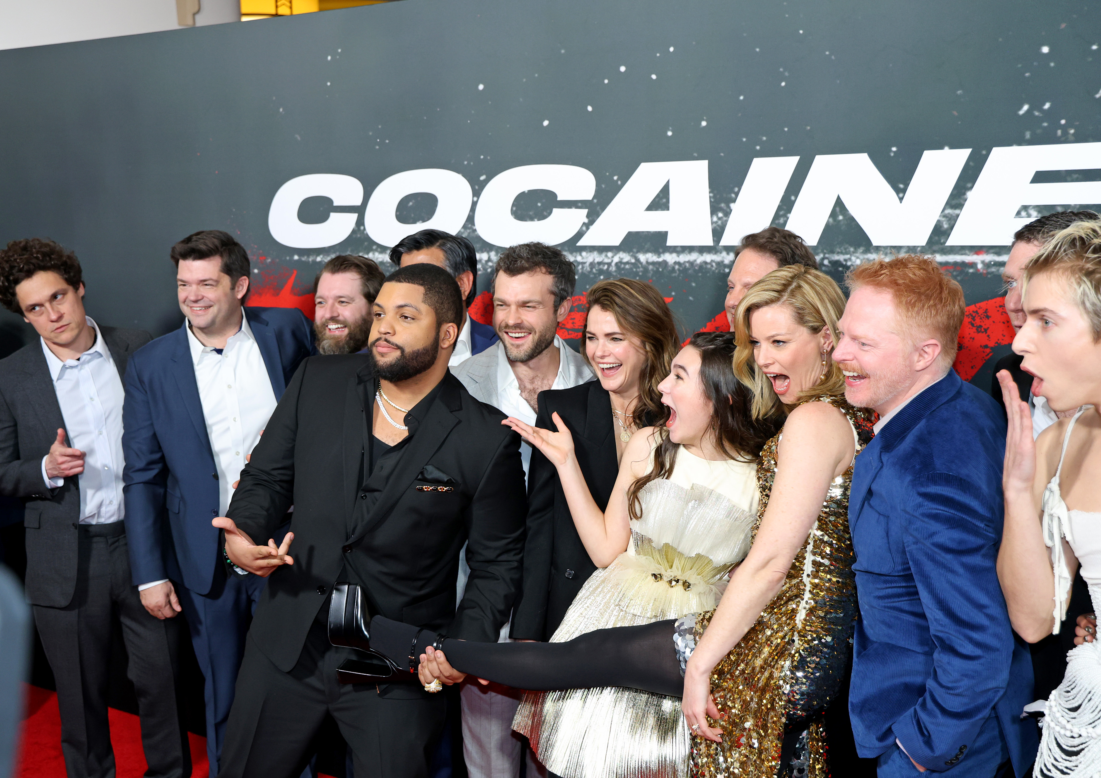 Keri Russell, Elizabeth Banks, Jesse Tyler Ferguson, Phil Lord, Aditya Sood, Jimmy Warden, Chris Miller, Alden Ehrenreich, Max Handelman, Brian Duffield, Kahyun Kim, Aaron Holliday, O'Shea Jackson Jr., and Brooklynn Prince at an event for Cocaine Bear (2023)