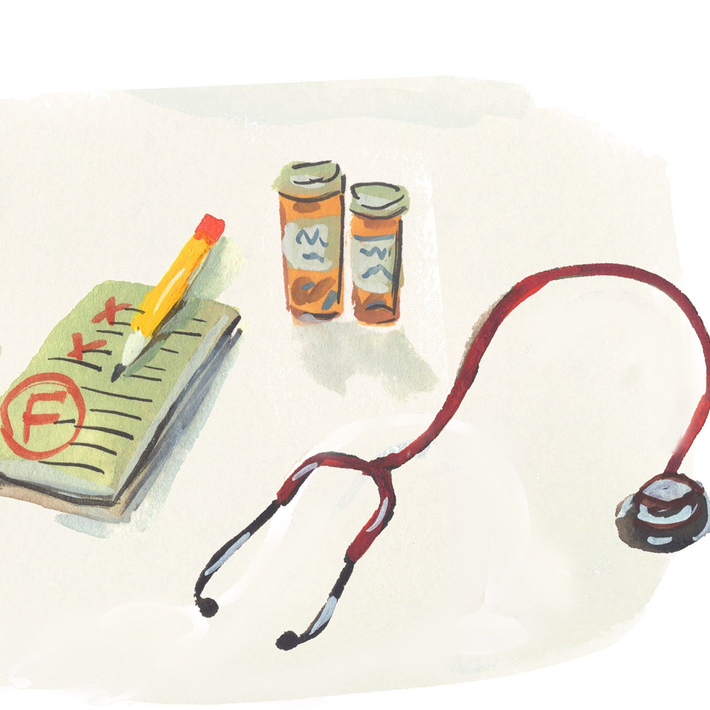 A chalkboard with help written on it two prescription bottles an Fgraded test and a stethoscope.