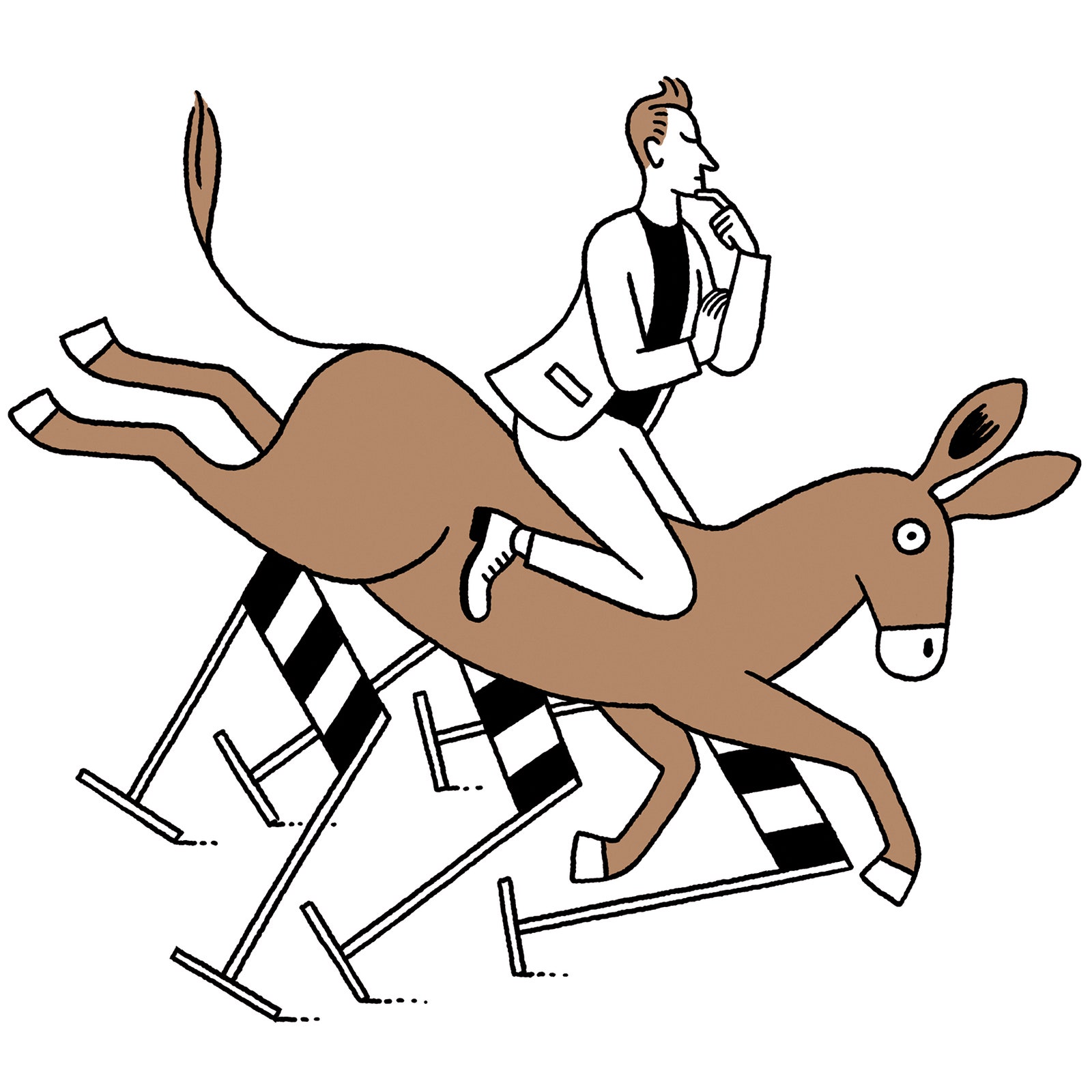 An illustration of a person riding a donkey who is crashing through hurdles