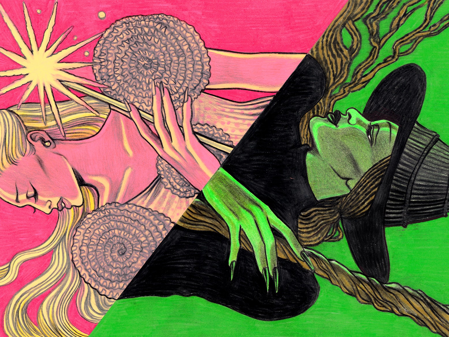 Illustration showing Elphaba and Galinda from “Wicked.”