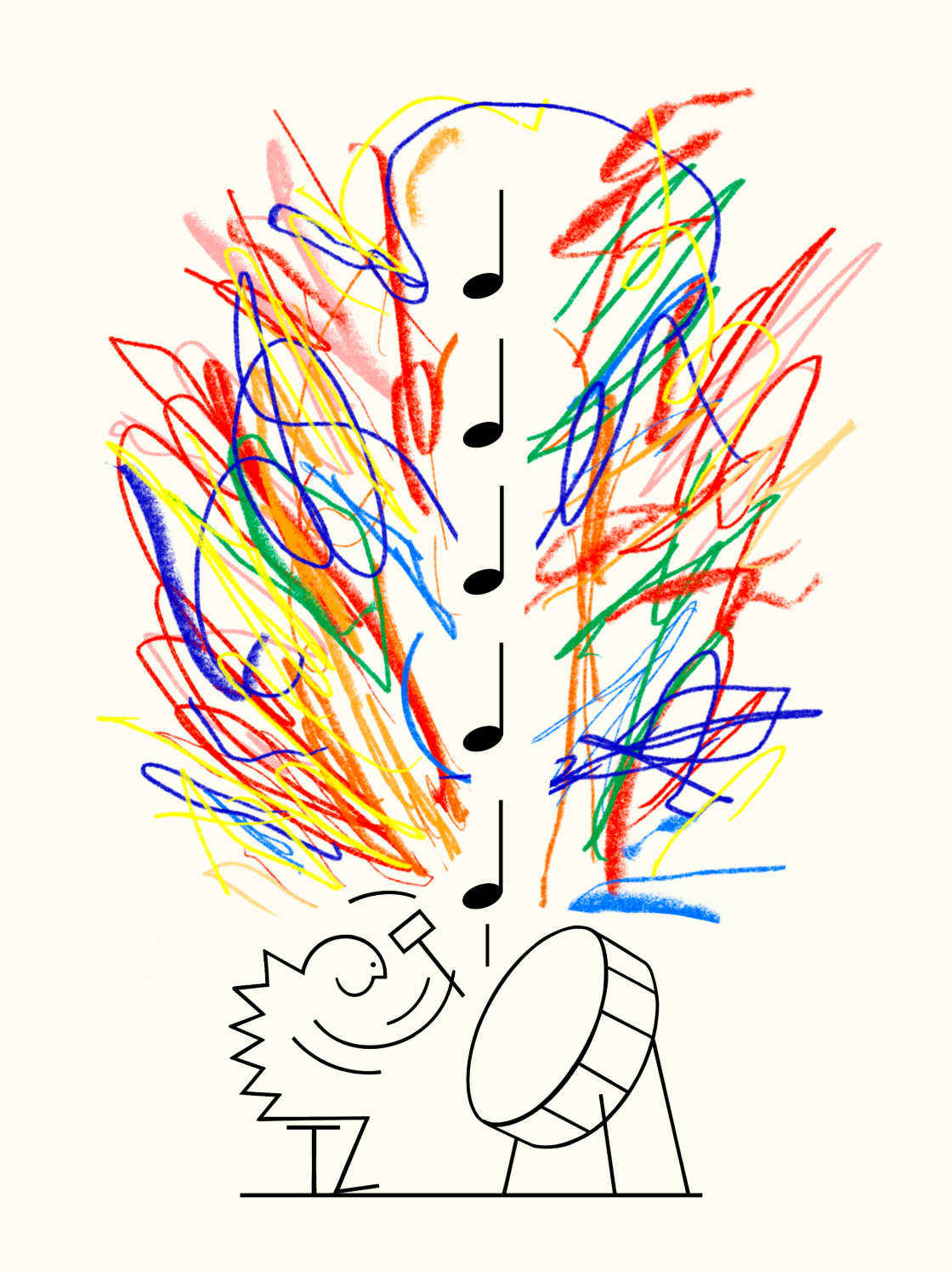 A doodle of musical notes emanating from a drum.