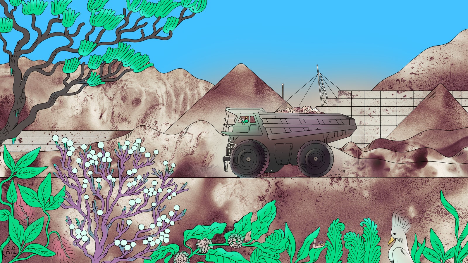 Illustration of plants and a nickel mine.