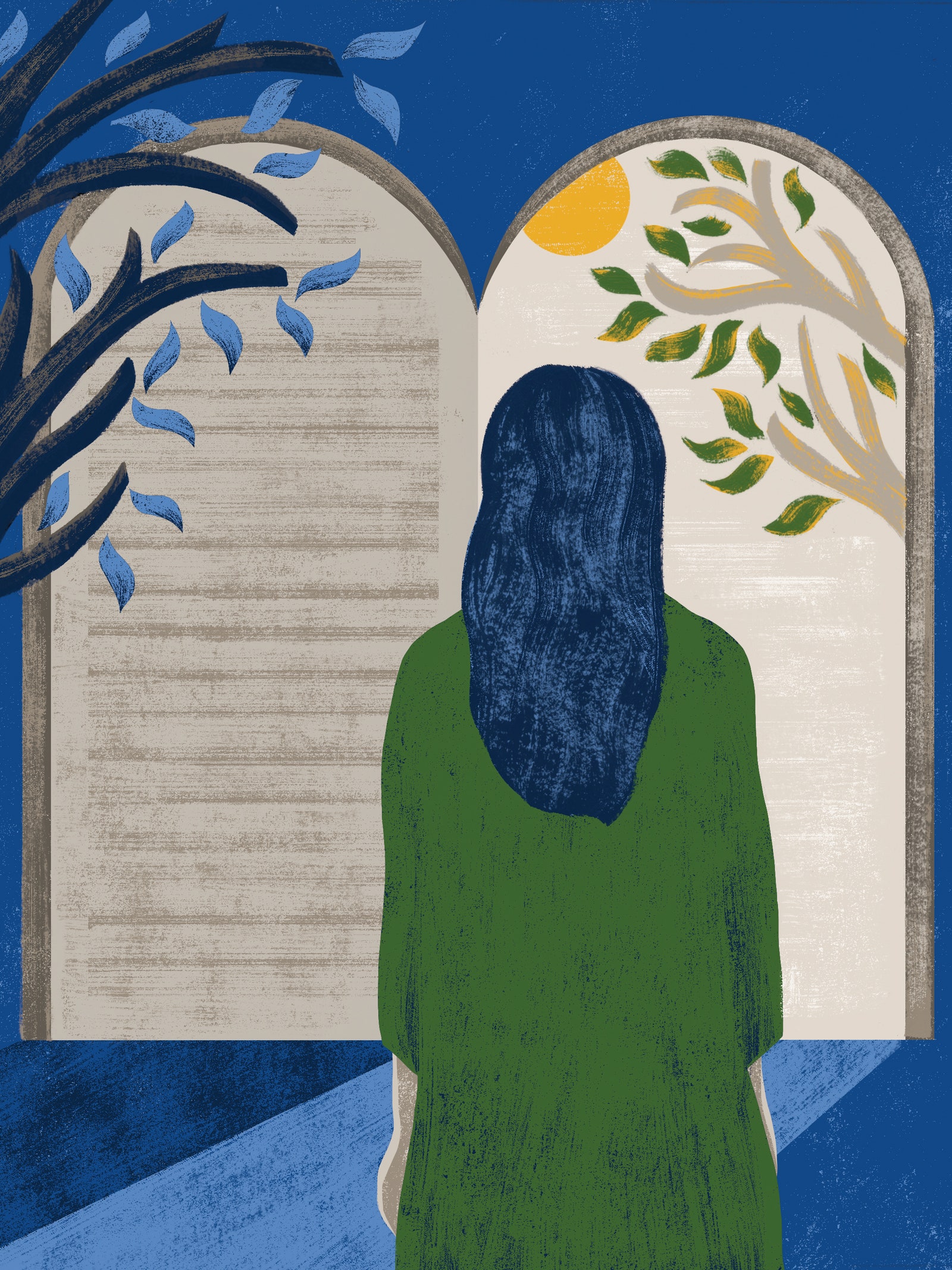 An illustration of the back of a woman looking at a stone tablet.