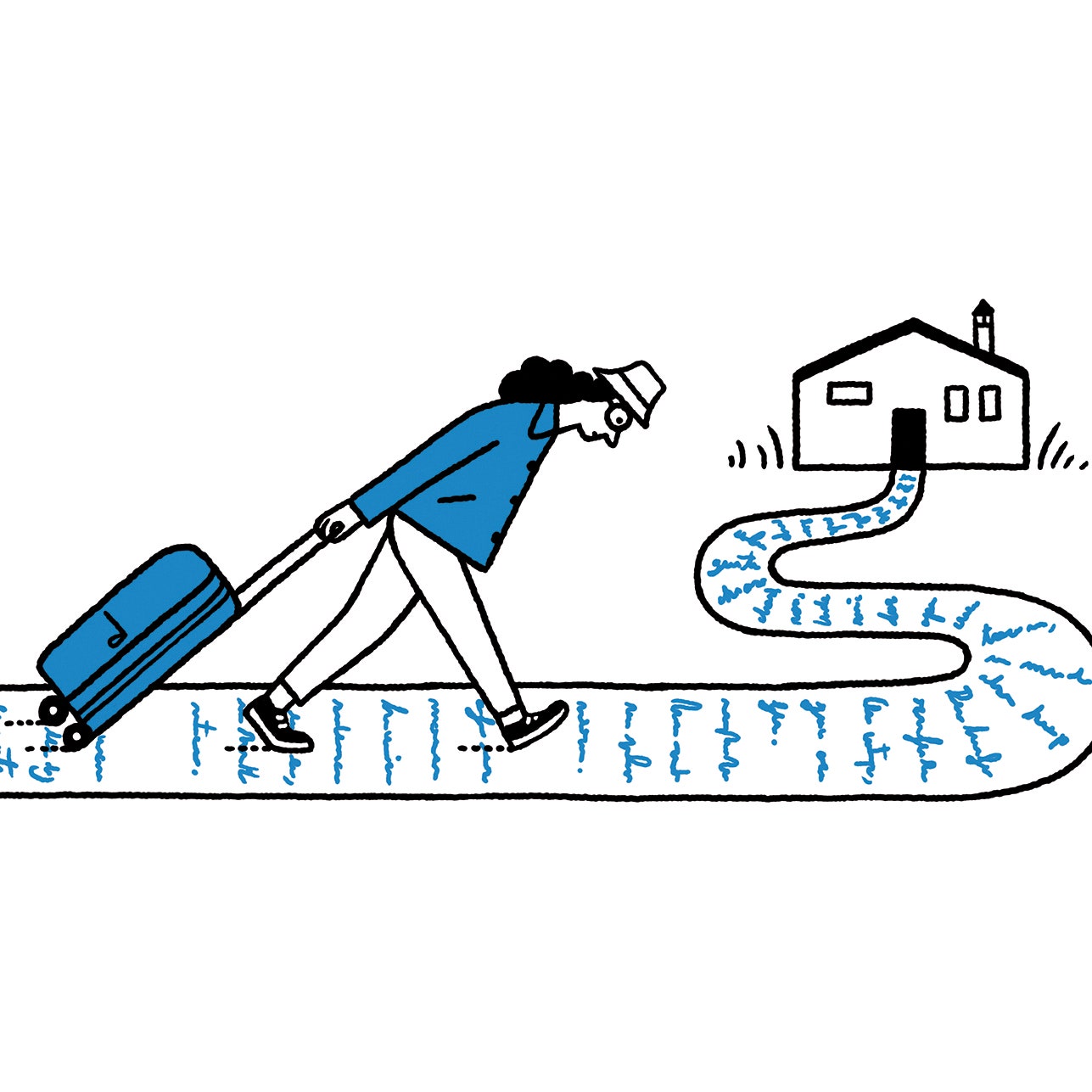 An illustration of a person dragging a suitcase on what looks like a giant roll of paper leading into a building.