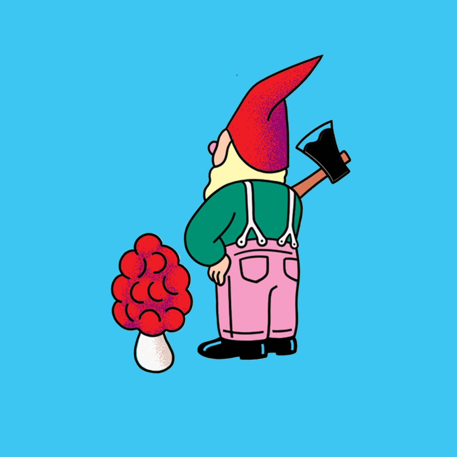 An illustration of a gnome with an axe next to a flower pot.