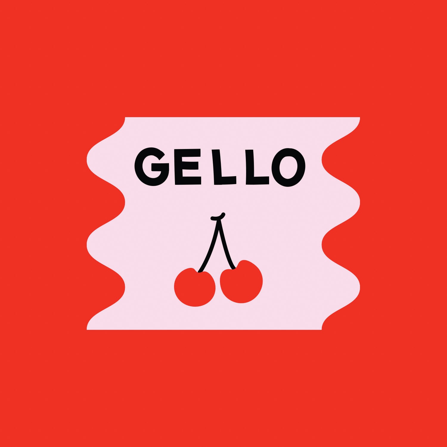 An illustration of two cherries on a red background with the word Gello on top.