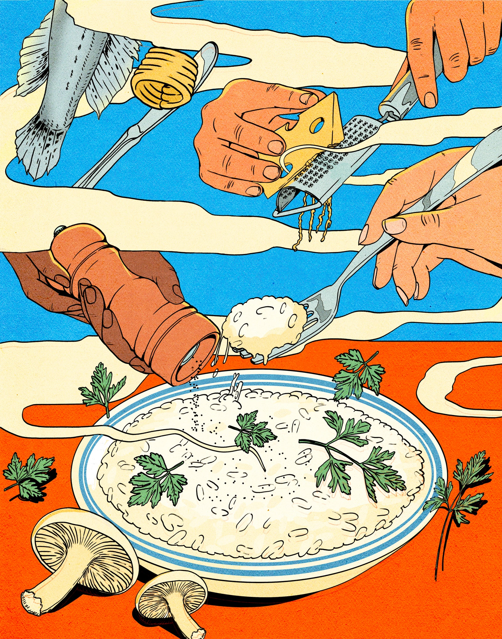 A series of hands seasoning a bowl of risotto.