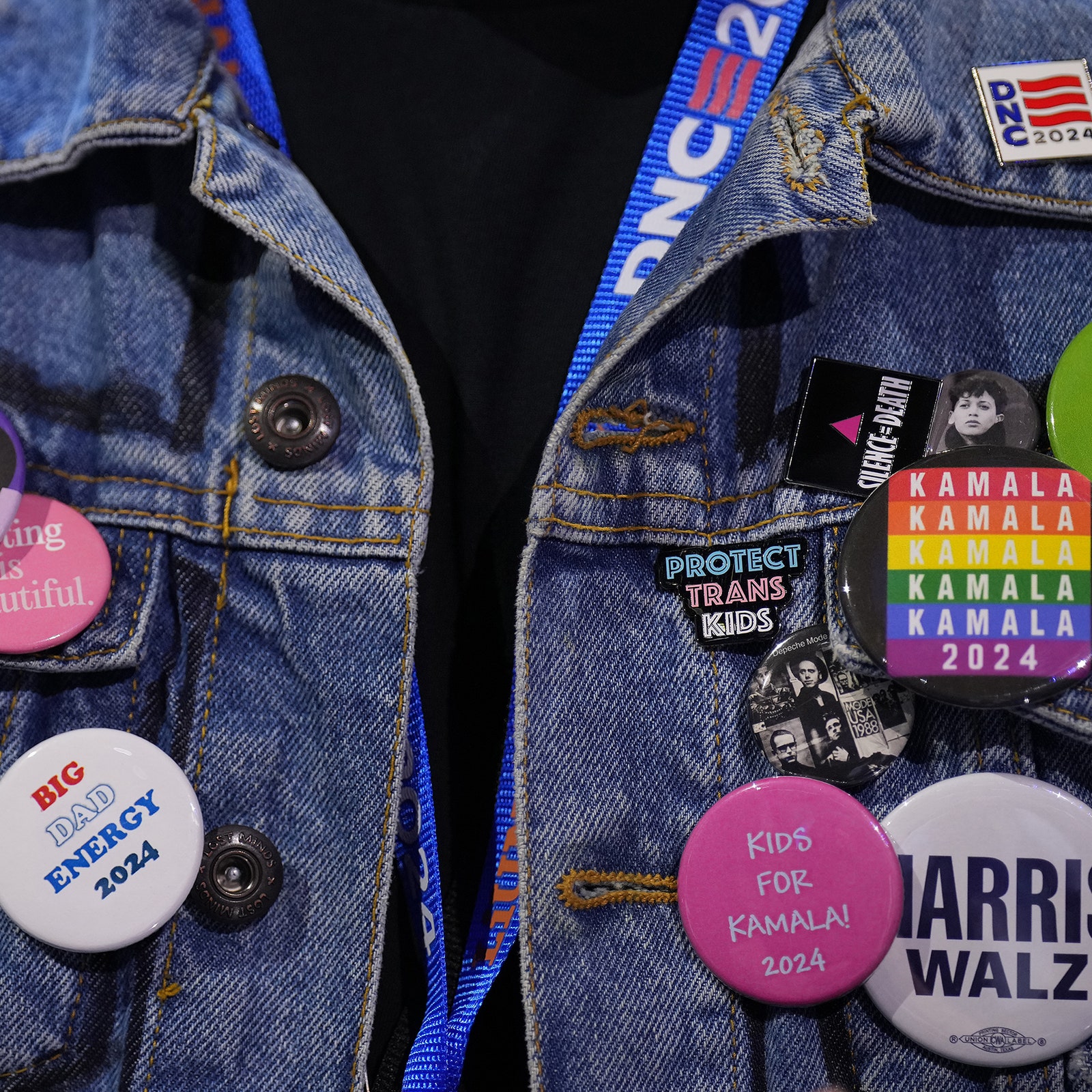 Kamala Harris buttons and pins adorn an attendees denim jacket on the third day of the Democratic National Convention on...