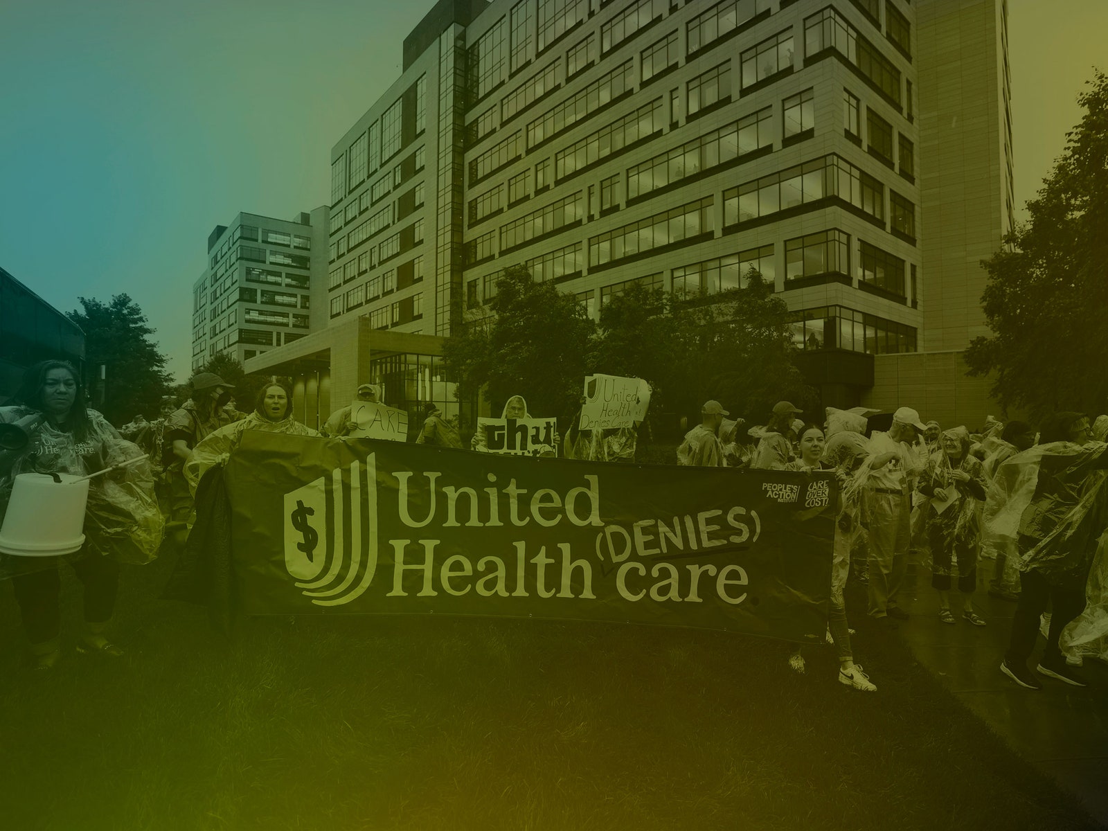 A photo of demonstrators protesting care denials at UnitedHealthcare in July of 2024 in Minnetonka Minnesota.