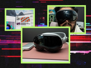 Left 2 floating web browsers in a virtual reality headset projection. Center virtual reality headset sitting on rose...