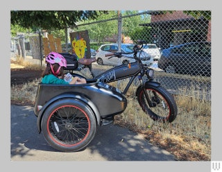 Side view of the Mod Easy Sidecar in black an electric bike with a side cargo compartment. A small child wearing a pink...