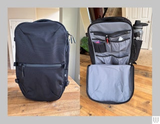 Aer Travel Pack 3 a black rectangular backpack shown closed on the left and zippered open on the right