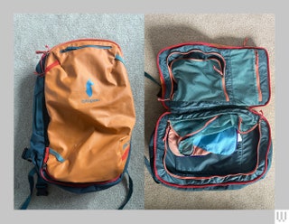 Cotopaxi Allpa 28L an zippered backpack with orange exterior teal interior and mesh compartments inside