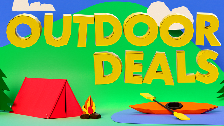 3D paper illustration of a mountain scene with a tent campfire and a lake with a kayak with the text Outdoor Deals