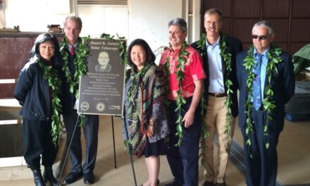 Left to right: Jennifer Sabas, Dr. William Smith (AURA), Mrs. Irene Hirano Inouye, Dr. David Lassner (UH), Dr. James Ulvestad (NSF), Dr Valentin Martinez Pillet (NSO).