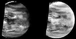 The lower atmosphere of Venus as seen by the Near-Infrared Mapping Spectrometer (NIMS) instrument carried by the Galileo spacecraft. These images were taken in 1991 as Galileo flew past Venus in a complex series of gravity-assist maneuvers to rehape its trajectory outward to Jupiter. (JPL & NASA)