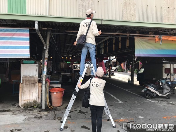 ▲疾管署防疫人員仔細檢視金獅湖市場天溝，確保無「隱藏性孳生源」。（圖／疾管署提供）