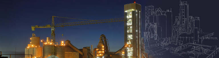 Photo and illustration of a factory at night.