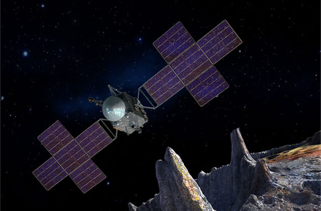 This artist's conception shows the Psyche spacecraft against a starry background orbiting above the heavily cratered surface of the Psyche asteroid.