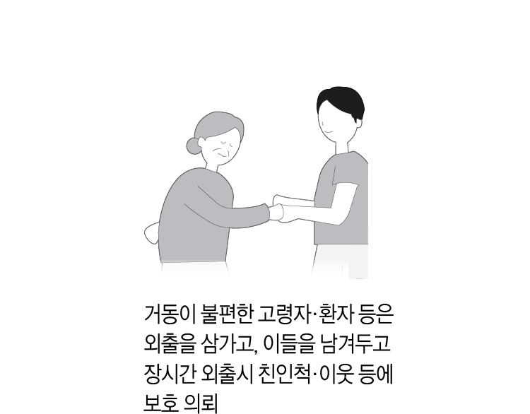 거동이 불편한 고령자, 환자 등은 외출을 삼가고, 이들을 남겨두고 장시간 외출시 친인척, 이웃 등에 보호 의뢰