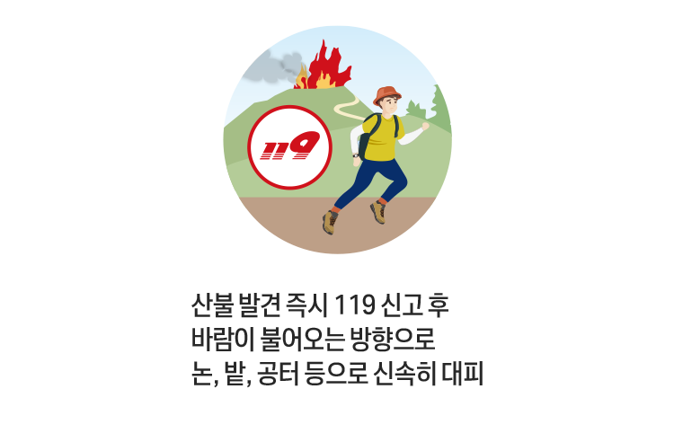 산불 발견 즉시 119 신고 후 바람이 불어오는 방향으로 논, 밭, 공터 등으로 신속히 대피