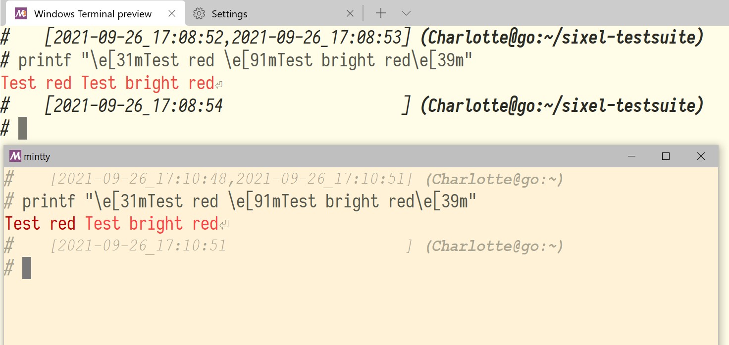 Windows Terminal with a bad Solarized custom palette next to mintty