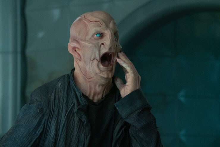 Star Trek: Discovery image from "The Hope That is You' episode, Saru, open-mouthed and excited, hand to his face