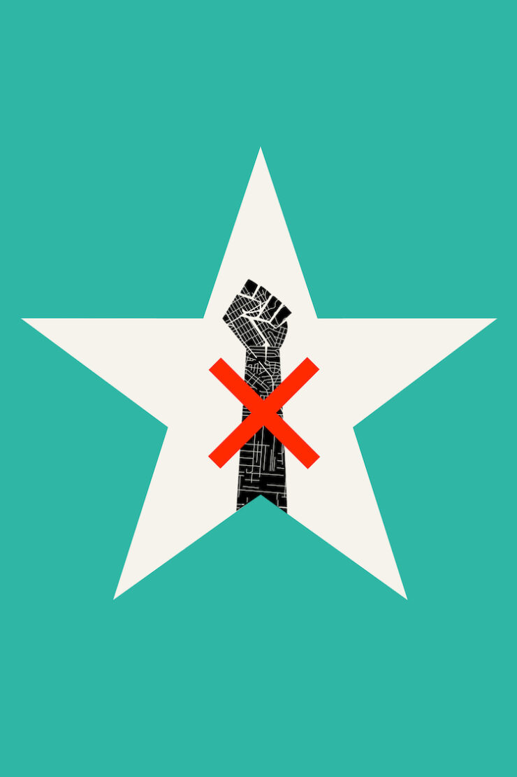 At the center of a white star on an aqua blue field, an illustration of a black arm, fist raised to the sky, but crossed out with a red X.