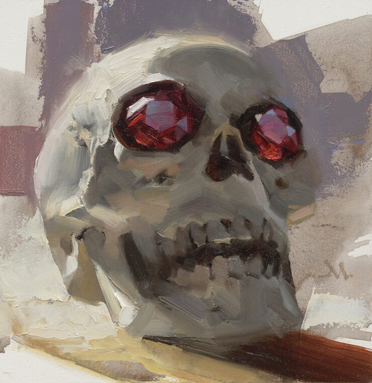 An illustration of a skull with gleaming rubies for eyes.